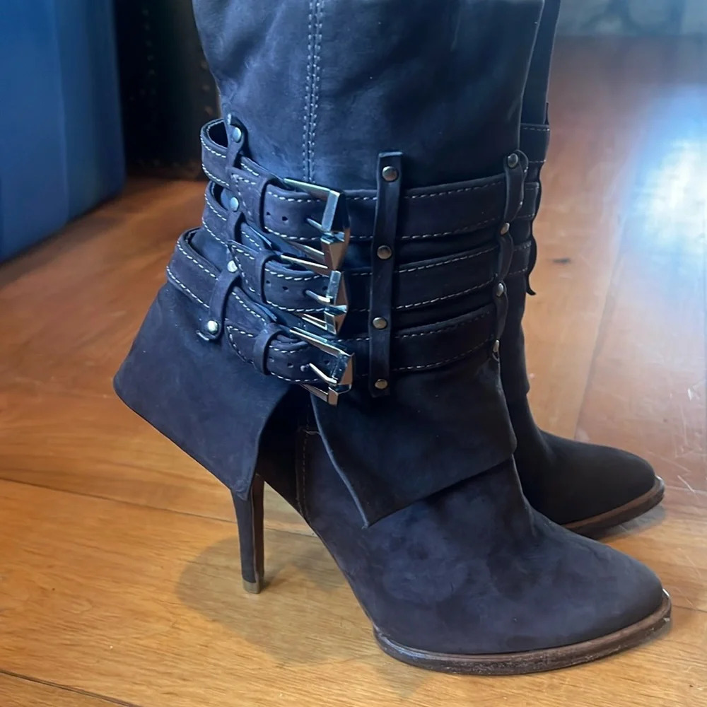 Schutz Dark Brown Leather Zip Up Buckled Heeled Boot Women’s 6B